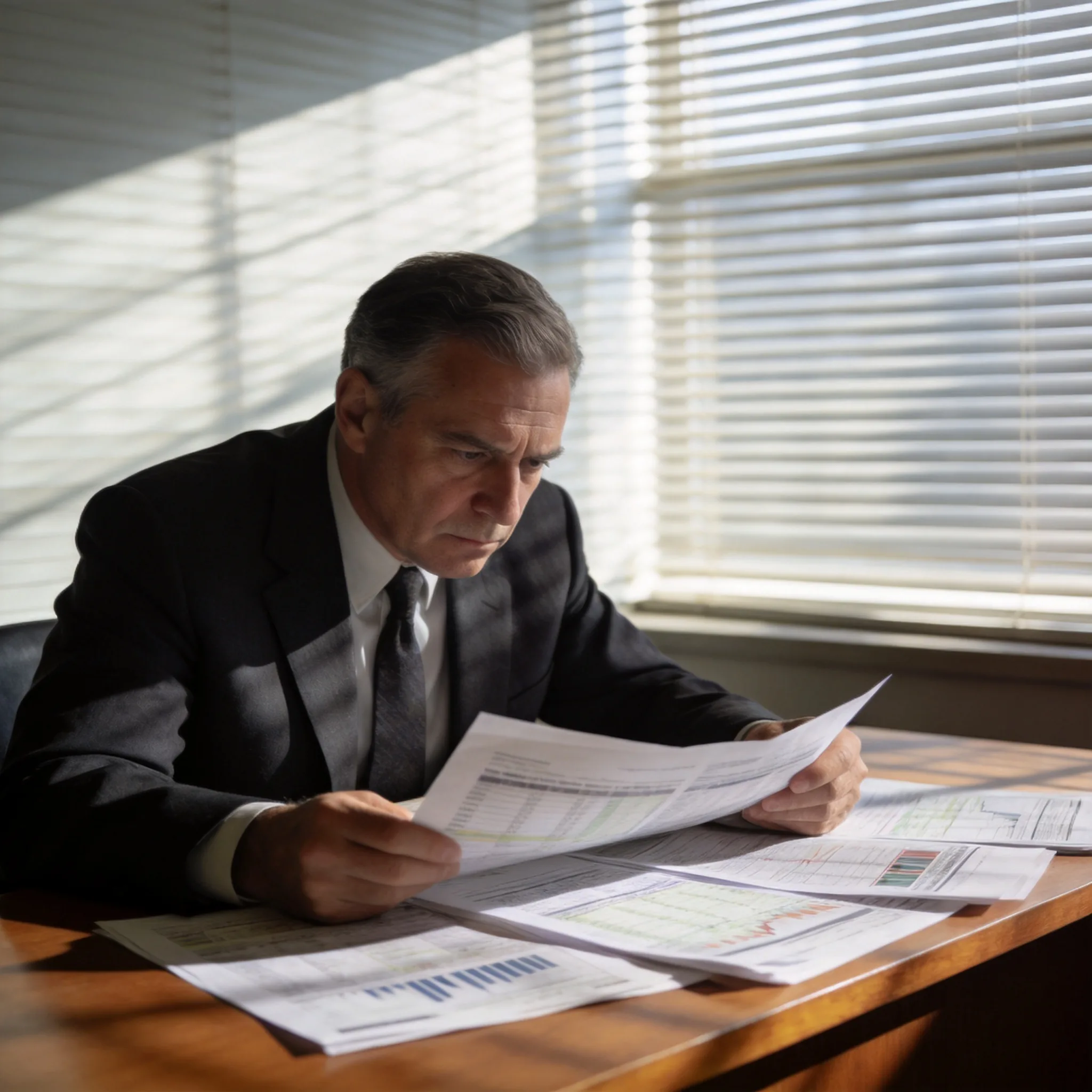 A businessman reading printed financial reports at his desk