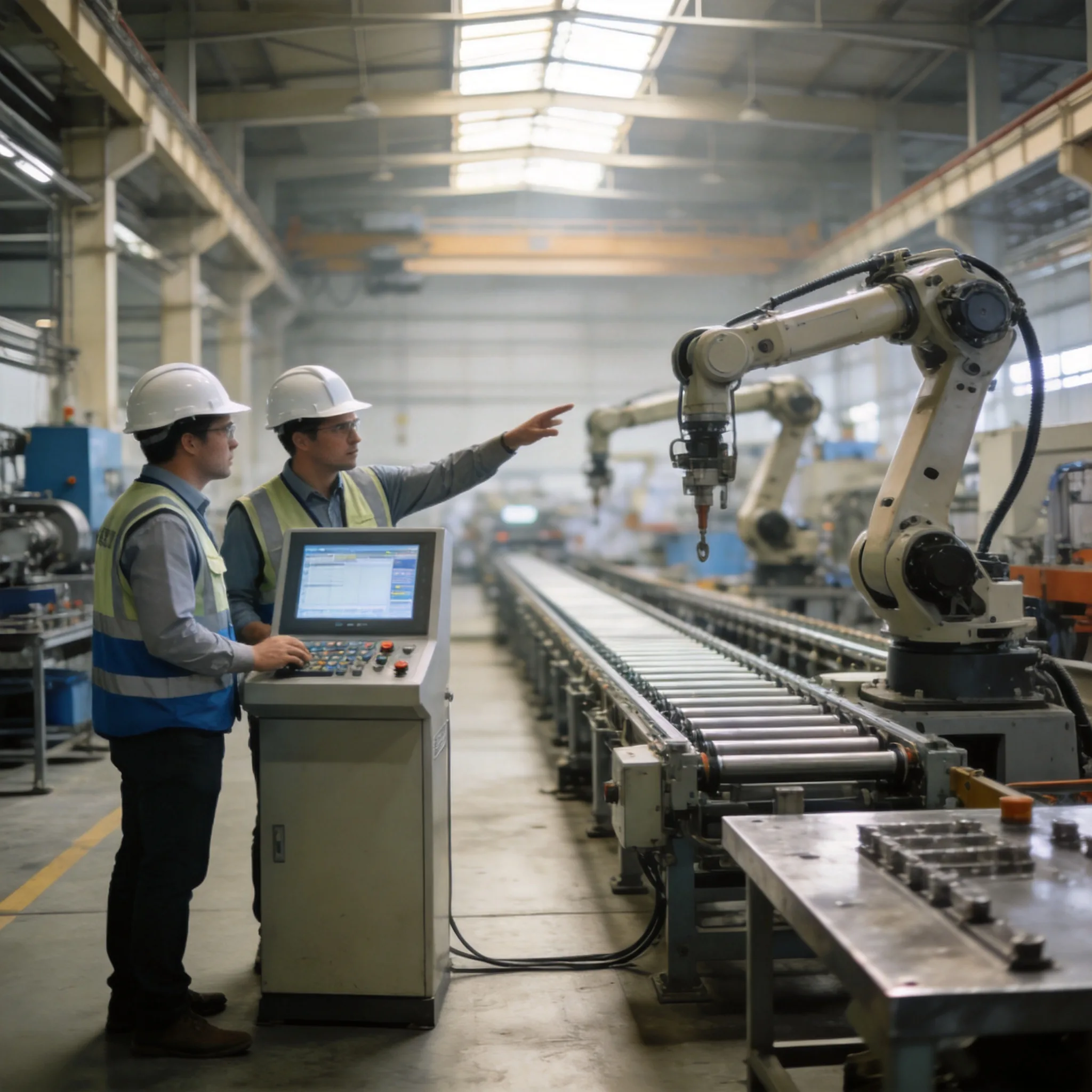 Engineers reviewing operations on a factory floor