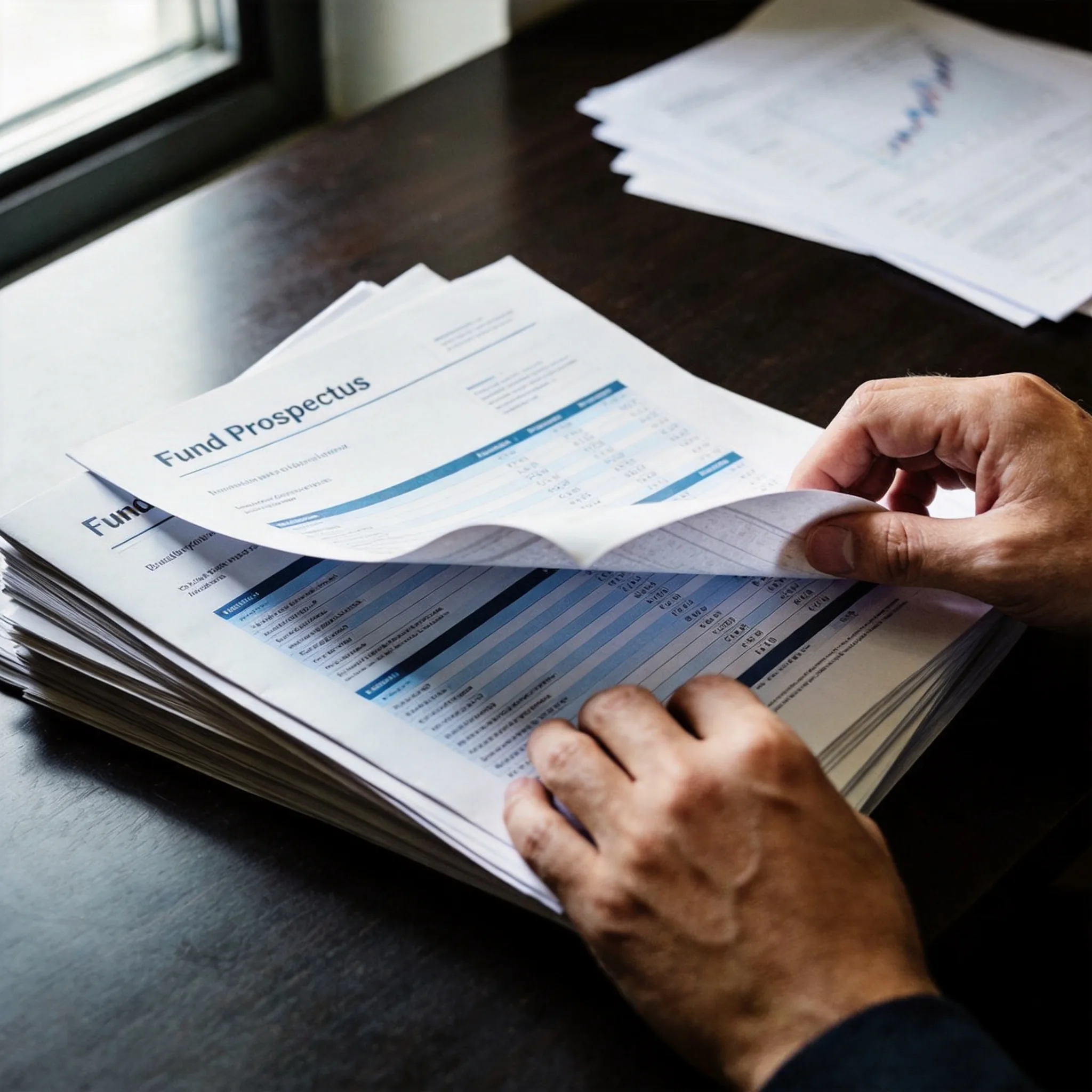 Hands turning pages of a fund prospectus